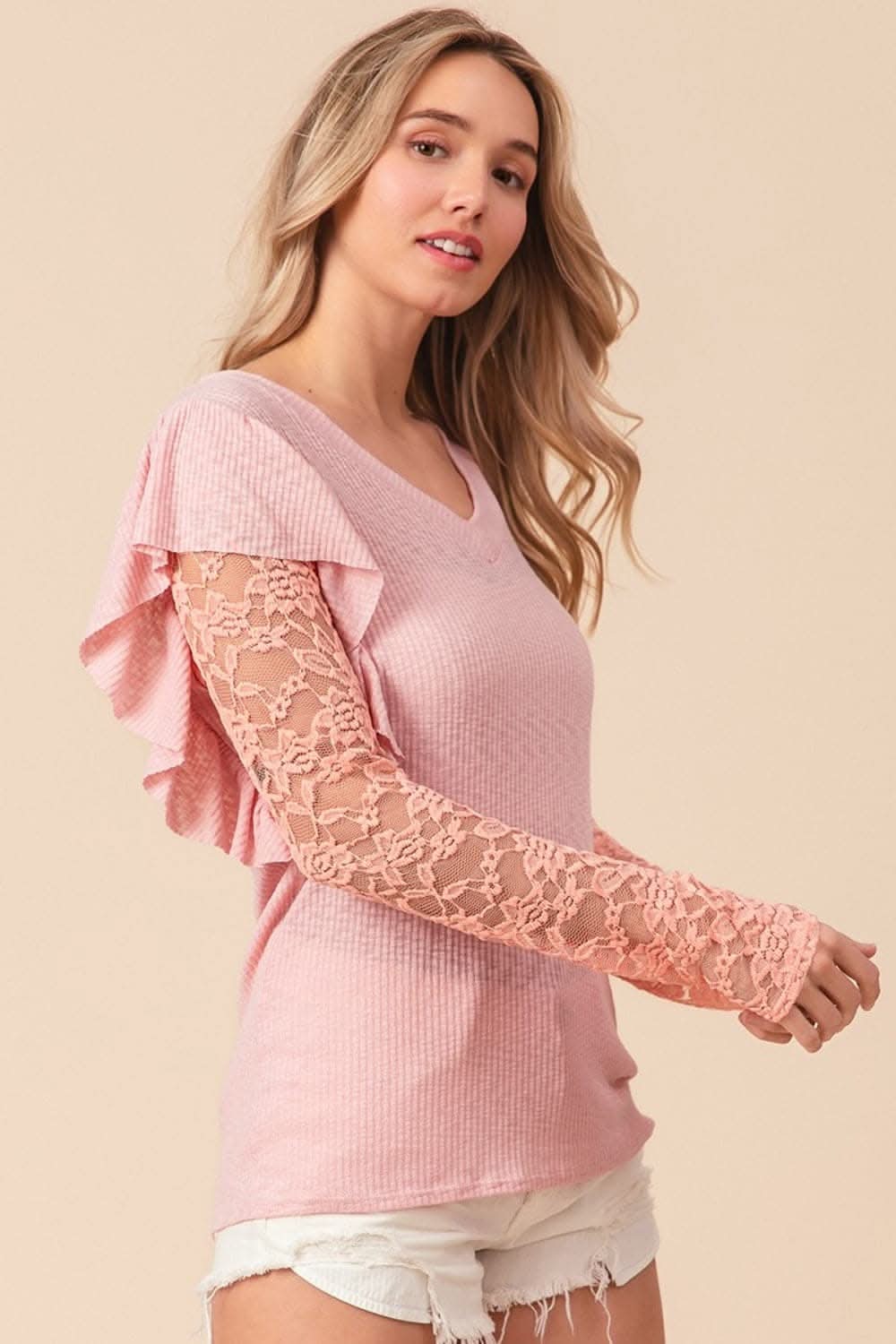 BiBi Ruffled Lace Sleeve Rib Knit Top - Love Salve